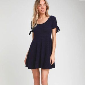 Too Cute Navy Blue Knit Tie-Sleeve Skater Dress